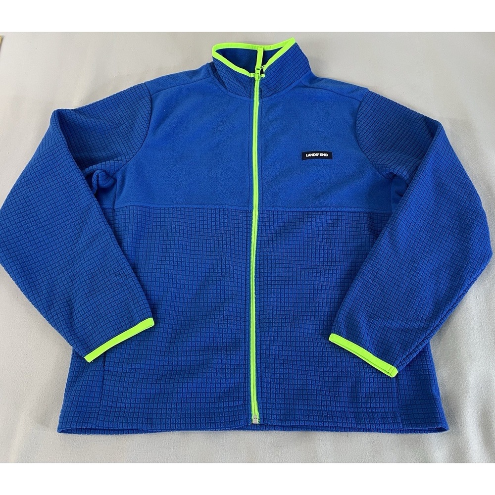 Lands End Grid Fleece Full Zip Jacket Medium 38-40 Blue Green‎ Trim Long Sleeve